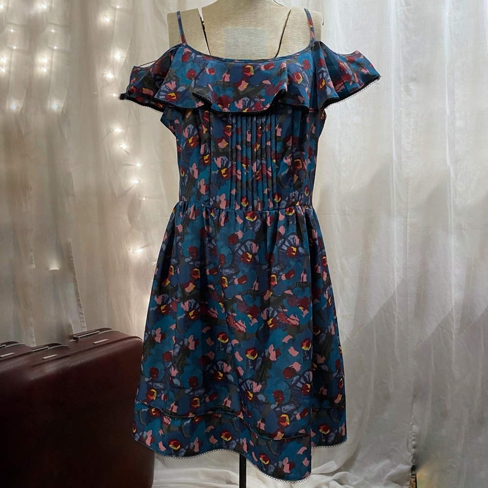 Floral and Deep Blue Off the Shoulder Dress